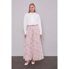 Pudra Kare Desen Geniş Paça Şifon Pantolon