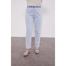 Buz Mavisi Beli Büzgülü Jean Pantolon