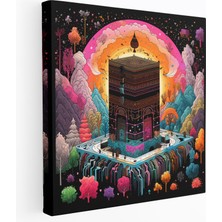 Popcas Kaaba Kanvas Tablo - Hand-Drawn Kaaba Illüstrasyonu Duvar Sanatı Renkli Desenler