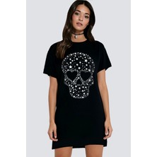 Yıldızlı Kurukafa Siyah Kısa Kollu Penye Kadın T-Shirt Elbise