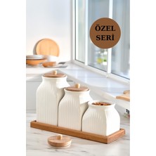 4'lü Standlı Vakumlu Ahşap Kapaklı Beyaz Kavanoz Seti Takımı Baharat Çay Tuz Şeker Kahve Kavanozu