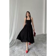 Hynova Siyah Boyundan Bağlamalı Keten Elbise