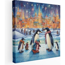 Popcas Penguen Kanvas Tablo - Masalsı Paten Kayan Penguenler - Penguen Kış Diyarı Duvar Süsü Neşeli