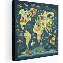 Popcas Anaokulu Duvar Dekorasyonu: Hayvan Dünya Haritası - Anaokulu Hayvanlar Kanvas Kıtalar