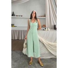 Hynova Keten Kolsuz Kare Yaka Düğme Detaylı Elbise - Mint