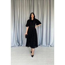 Hynova Siyah Kemerli Balon Kollu Elbise