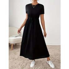 Hynova Kadın Kısa Kollu Bisiklet Yaka Belden Bağcıklı Cepli Viskon Elbise