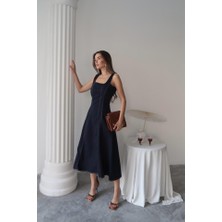 Hynova Lacivert Çift Dikişli Gabardin Elbise