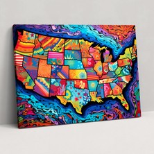 Popcas Amerika Birleşik Devletleri Haritası Kanvas Tablo Baskı - Pop Sanat Tarzı - Amerika Birleşik Devletleri Haritası Kanvas Duvar Sanatı Duvar Dekorasyonu