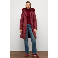 Çıkabilir Kürklü Kapüşonlu Fermuar Kapamalı Kapitone Mont Bordo 6779