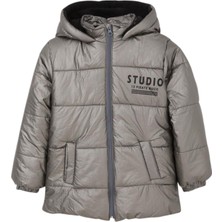 Erkek Çocuk Studio Yazılı Fermuarlı Kapüşonlu Gümüş Renk Mont