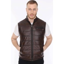 Hakiki Deri Kahverengi Derby Fermuarlı Erkek Deri Yelek