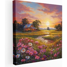 Popcas Günbatımı Kırsal Çiçekler Kanvas Tablo - Günbatımı Duvar Dekorasyonu Ev Dekorasyonu