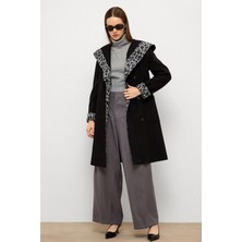 Kapüşonlu Leopar Desen Garnili Torba Cepli Kaban Siyah 3123