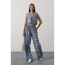 Hynova Baskılı Önü Bağlamalı Yelekli Takım - Indigo