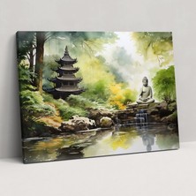 Popcas Buda Figürlü Zen Bahçesi Kanvas Tablo - Zen Bahçesi Meditasyon Yapan Buda Heykeli Kanvas Duvar Dekorasyonu