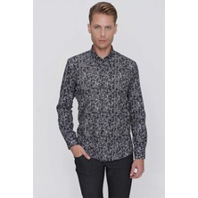 Efor Erkek Slim Fit %100 Pamuk Düğmeli Yaka Desenli Siyah Gömlek G 1521