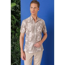 Slim Fit Düğmeli Yaka Batik Desenli Kısa Kol Pamuk Bej Gömlek G 1502
