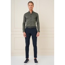 Slim Fit Düğmeli Yaka Esnek Pamuk Klasik Haki Gömlek Gk 727