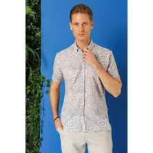 Efor Erkek Slim Fit Düğmeli Yaka Desenli Kısa Kol Pamuk Gri Gömlek G 1503