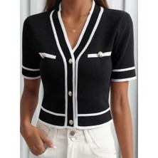 Hynova Kadın Kısa Kollu Önden Düğmeli Triko Bluz