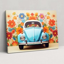 Popcas Volkswagen Beetle Duvar Sanatı - Grafik Tasarım Renkli Çiçekler Retro Tarzı