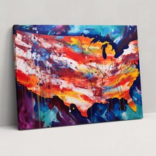 Popcas Amerika Birleşik Devletleri Haritası Kanvas Tablo - Amerika Birleşik Devletleri Haritası Duvar Dekorasyonu Vatansever Duvar Sanatı Kanvas