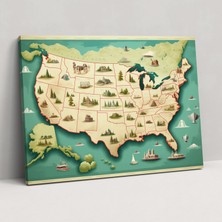 Popcas Amerika Haritası Duvar Dekorasyonu - Amerika Birleşik Devletleri Haritası Şehirler Anıtlar