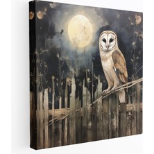 Popcas Rustik Ay Işığında Ahşap Baykuş Kanvas Tablo - Ev Dekorasyonu Duvar Dekorasyonu Kanvas Duvar Sanatı