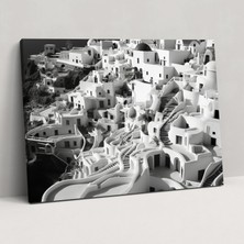 Popcas Santorini Manzara Tablosu - Havadan Siyah Beyaz Fotoğraf Kanvas Tablo - Ev Dekorasyonu Duvar Sanatı