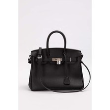 Siyah Gümüş Kilit Aksesuar Detaylı El Çantası