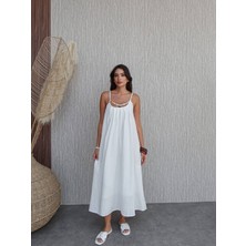 Örgü Askılı Göğüs Taşlı Midi Elbise