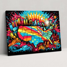 Popcas Pop Art Amerika Birleşik Devletleri Haritası Duvar Sanatı - Amerika Birleşik Devletleri Haritası Kanvas Tablo Ev Dekorasyonu Pop Art Illüstrasyon