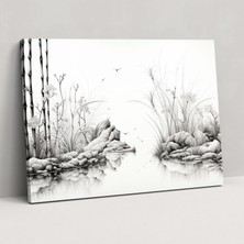 Popcas Mürekkep Çizim Zen Bahçesi Duvar Sanatı - Zen Bahçesi Kanvas Tablo Mürekkep Çizim Duvar Sanatı