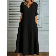 Hynova Kadın Kısa Kollu V Yakalı Cep Detaylı Uzun Janjan Krep Elbise