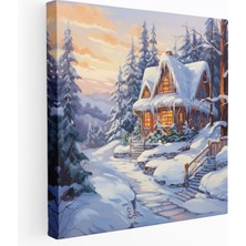 Popcas Kış Masalı Duvar Dekorasyonu - Kış Kanvas Tablo Karla Kaplı Yemyeşil Ağaçlar