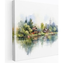 Popcas Sakin Göl Köyü Kanvas Tablo - Köy Duvar Sanatı Huzur Kanvas Tablo