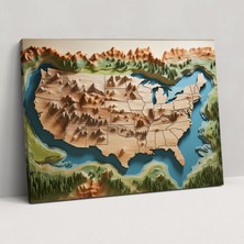 Popcas Amerika Birleşik Devletleri Haritası Kanvas Tablo - Doğal Manzara - Amerika Birleşik Devletleri Haritası Kıyı Hatları Duvar Dekorasyonu