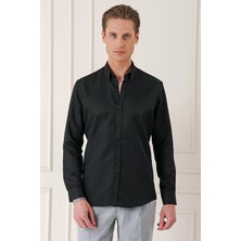 Slim Fit Düğmeli Yaka Dokulu Pamuklu Klasik Siyah Gömlek Gk 717