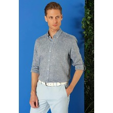 Efor Erkek Comfort Fit Düğmeli Yaka %100 Keten Apoletli Casual Lacivert Gömlek G 1564