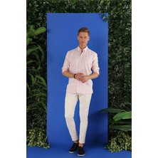 Efor Erkek Slim Fit Doku Desenli Yaka Düğmeli %100 Keten Mercan Gömlek G 1555