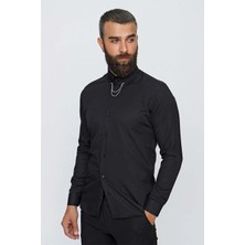 Efor Erkek Slim Fit %100 Pamuk Yaka Zincirli Uzun Kollu Siyah Gömlek GK 647