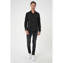 Efor Erkek Slim Fit Dokulu Erkek Yaka Pamuklulu Klasik Siyah Gömlek Gk 740