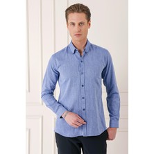 Efor Slim Fit Düğmeli Yaka %100 Pamuk Klasik Mavi Gömlek Gk 723