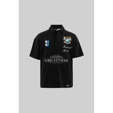 Erkek Printed And Yıkamalı Polo Oversi̇ze Siyah Tişört