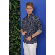 Efor Erkek Slim Fit %100 Pamuk Damla Desenli Yaka Düğmeli Siyah Gömlek G 1539