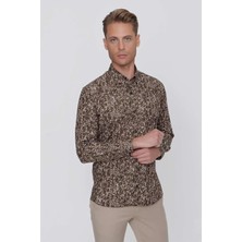 Efor Erkek Slim Fit %100 Pamuk Düğmeli Yaka Desenli Tütün Gömlek G 1521