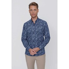 Efor Erkek Slim Fit %100 Pamuk Düğmeli Yaka Desenli Lacivert Gömlek G 1521