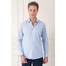 Efor Erkek Slim Fit Dikine Çizgili %100 Pamuklu Klasik Mavi Beyaz Gömlek Gk 721