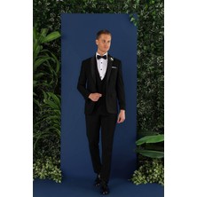 Efor Slim Fit Yelekli Çıkarılabilir Saten Yaka Çift Yırtmaçlı Siyah Damatlık Smokin Takım Black 069